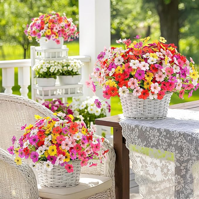 MACTING 24 Bundles Artificial Flowers for Outdoors UV Resistant Fake Flowers Faux Plastic Plants No Fade for Planters Window Patio Porch Home Garden Indoor Outside Spring Decorations(Mix Color-1)