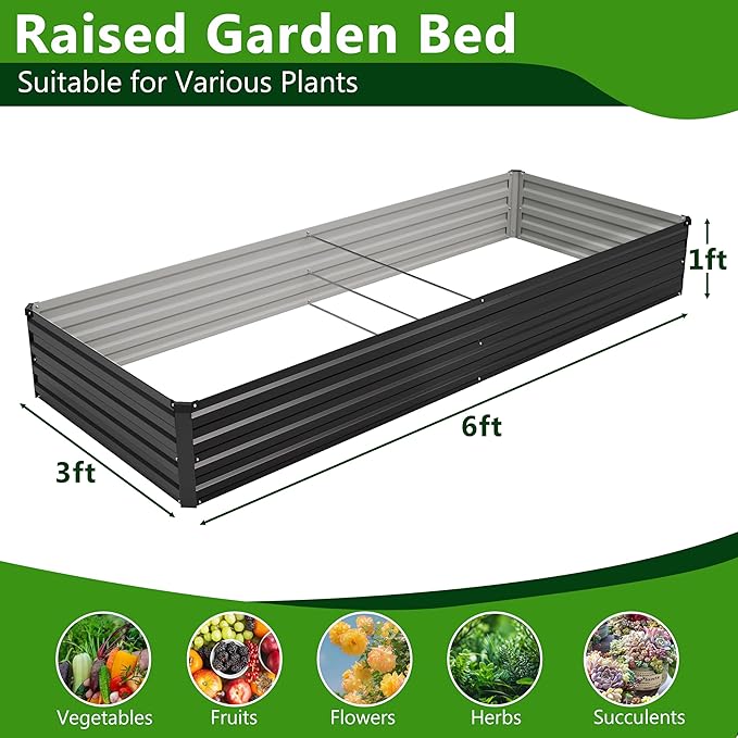 2PCS 6x3x1ft Galvanized Raised Garden Bed Kit,Metal Planter Box for Vegetables,Flowers,Herbs Durable Rust-Resistant Patio Gardening Beds,Black
