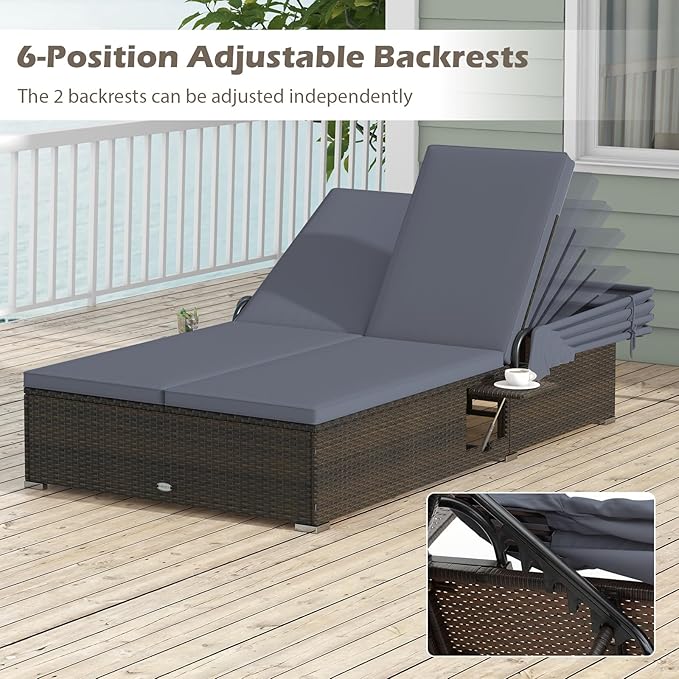 RELAX4LIFE Outdoor Rattan Daybed w/Canopy - Wicker Double Chaise Lounge w/6-Position Backrest, Folding Side Trays & Cushion, 2-Seater Loveseat Sunbed for Backyard, Patio Rattan Bed Lounger (Gray)