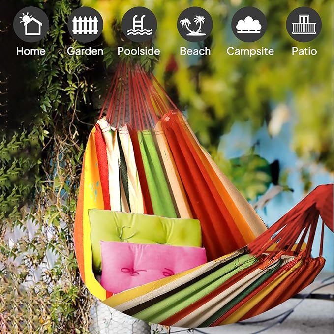ANYOO Cotton Hammock Portable Camping Hammocks for Hanging Sturdy Garden Comfortable Fabric Hammock with Tree Straps Up to 660lbs with Travel Bag for Camping Outdoor/Indoor Patio Backyard