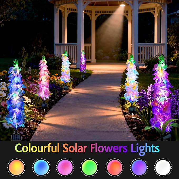 Solar Garden Lights, Solar Delphinium Flowers Lights 4 Pack 80 LEDs, Waterproof Outdoor Light Two Lighting Modes for Outside Wedding Party Garden Yard Patio Lawn Decor