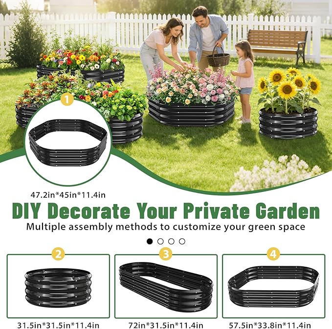 Hexagon Raised Garden Bed, 48 Inch Diagonal & 12 Inch Tall, Galvanized Steel Planter Box with Wave-Shaped Metal Panels for Outdoor Flower,Tree,Herb & Vegetable Garden (Black, 4FT X 1FT)