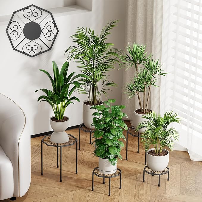5-Pack Metal Plant Stands for Outdoor Indoor, Anti-Rust Iron Flower Pot Stand, Heavy Duty Plant Pot Shelf for Multiple Plant, Decoration Racks for Home, Patio & Garden (Black)