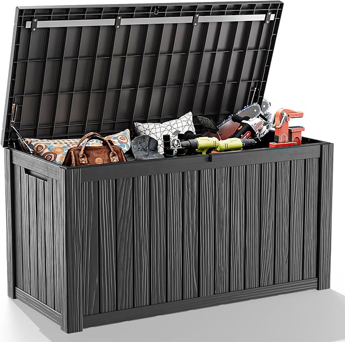180 Gallon Resin Deck Box, Lockable Weatherproof Outdoor Storage Box for Furniture, Garden Tools and Tools Storage, Waterproof Outside Storage Boxes - Black