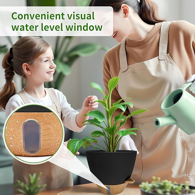 12/10/9/8 inch Self Watering Pots with Visual Water Window, Extra Large Self Watering Plant Pot with Drainage Holes and Saucers, Black Flower Pots for Indoor Plants