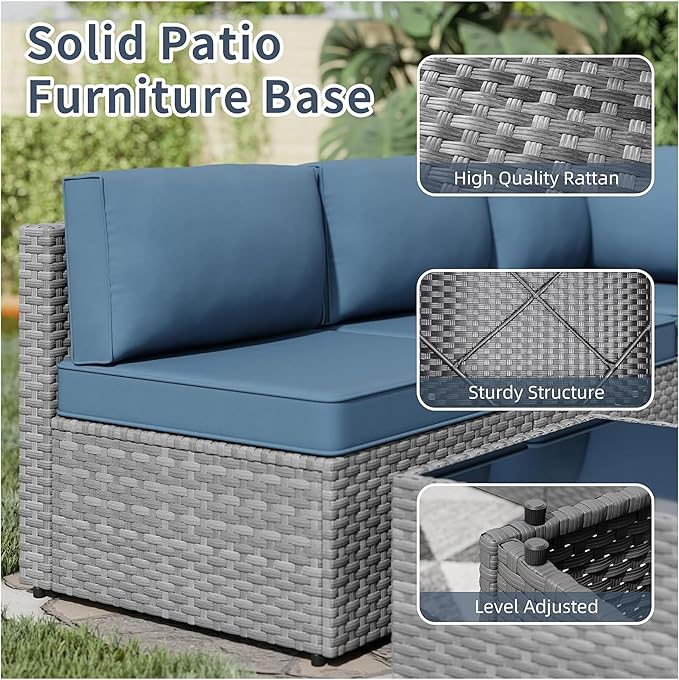SUNLEI 5pcs Patio Furniture Sets Conversation Set, Low Back All-Weather Rattan Sectional Sofa with Tea Table&Washable Couch Cushions, Outdoor Furniture Set (Silver Rattan)