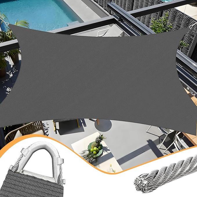 20' x 20' Dark Grey Rectangle Sun Shade Sail Outdoor Canopy Awning UPF50+, 95% UV Blockage, Sunshade with High-Strength Steel Cable Edges for Outdoor Patio Garden Backyard