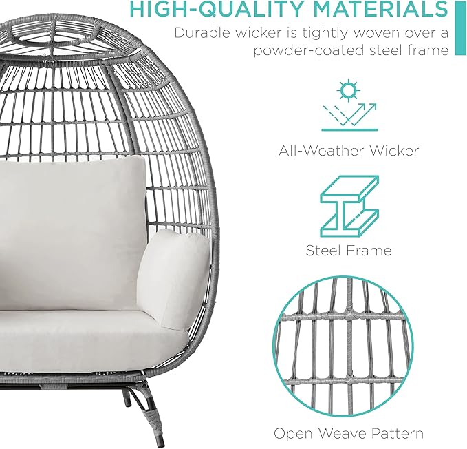 Best Choice Products Wicker Egg Chair, Oversized Indoor Outdoor Lounger for Patio, Backyard, Living Room w/ 4 Cushions, Steel Frame, 440lb Capacity - Gray/White Sand