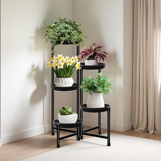 CASIMR Plant Stand Indoor Outdoor, Tall Black Metal Rustproof Stable Plant Stands, 5 Tier 31.6 inch Foldable Multiple Plants Rack Holder Rack Flower Pot Stand Heavy Duty Plant Shelf, Black