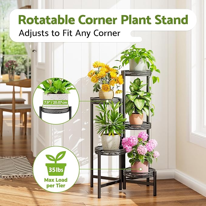 Plant Stand Indoor Outdoor, 5 Tier Corner Metal Flower Display Holder Shelf, Folding Tall Rack for Patio Balcony Porch Garden Living Room House, Heavy Duty Wrought Iron Plant Shelf- BlackWave