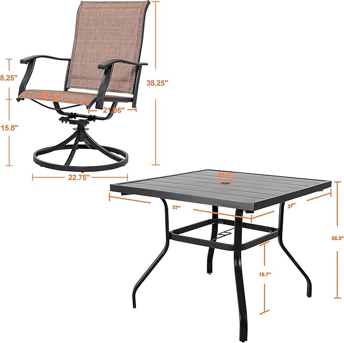 NUU GARDEN Outdoor Patio Dining Set, 4 Swivel Textilene Dining Chairs and 37" Square Dining Table with 1.57'' Umbrella Hole, Powder Coated Iron Frame, for Patio, Garden, Backyard, Black and Brown