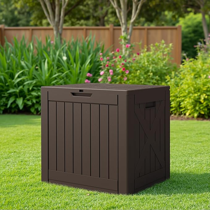 JUMMICO 42 Gallon Deck Box Waterproof, Resin Outdoor Storage Box with Side Handles, Outdoor Storage Benches Lockable for Patio Cushions and Garden Tools (Brown)