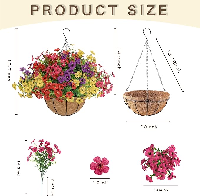 Senjie 12 Bundles Artificial Hanging Flowers with Basket for Outdoor Decor, UV Resistant Faux Flowers Fake Hanging Planter for Porch Patio Balcony