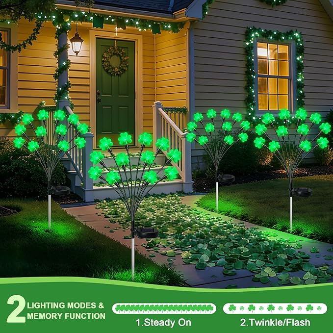 HELESIN St Patricks Day Decorations, 4 Pack St Patricks Day Outdoor Solar Lights with 2 Modes, Waterproof Shamrock Lucky Green Solar Stake Tree Lights for Yard Pathway Lawn Decorations