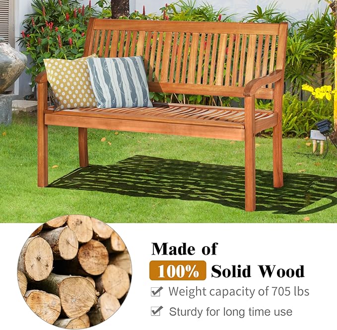 Tangkula Outdoor Wood Garden Bench, 50" W Solid Wood Patio Park Bench with Dense Slatted Backrest & Seat, Curved Armrest, Large Wooden Loveseat Bench for Deck, Porch, Poolside, Yard & Balcony