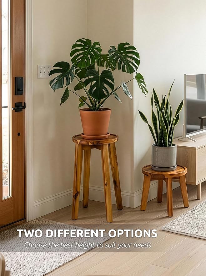 Demigo 15-Inch Tall Plant Stand for Indoor & Outdoor Use, Acacia Wooden Decorative Plant Shelf with Spill-Proof Tray, Flower Holder for Heavy Pots, Gardening Display - Natural Brown