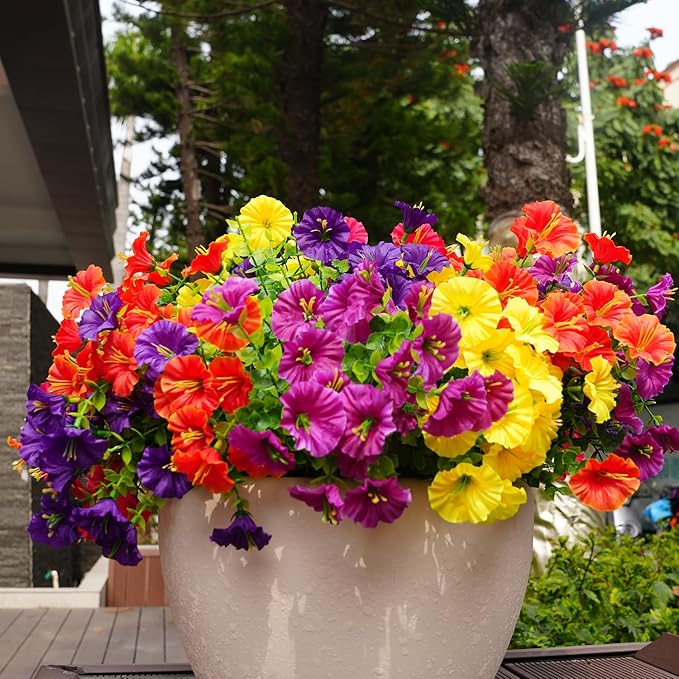 Artificial Flowers for Outdoors, UV Resistant Fake Silk Morning Glory, Realistic Faux Plants for Outside Porch Patio Window Box Hanging Planter (12, Purple Fuchsia Yellow Orange)