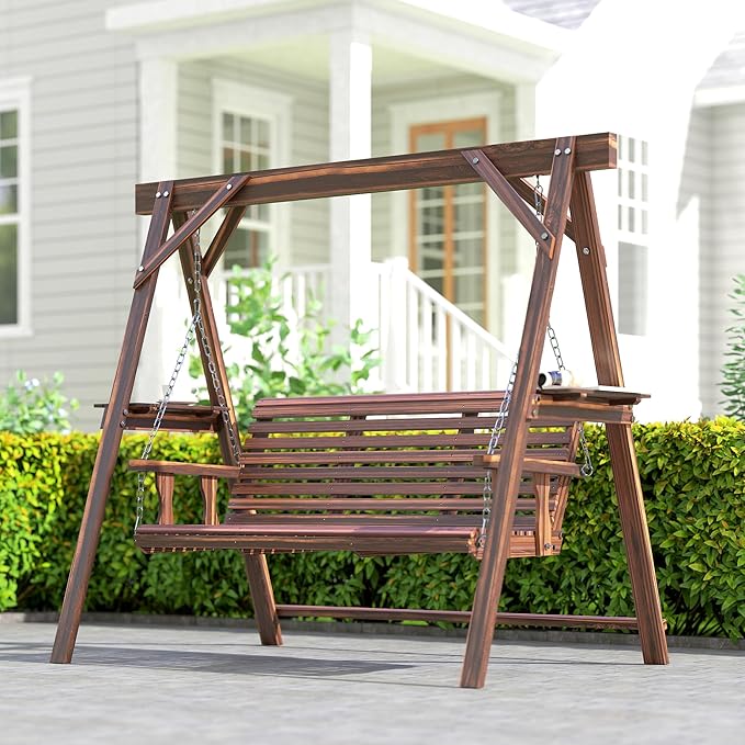 Outsunny 3 Seat Porch Swing with Stand, Wooden Patio Swing Chair with Side Tables and Metal Chains, Outdoor Swing Bench for Garden, Poolside, Backyard, Carbonized Brown