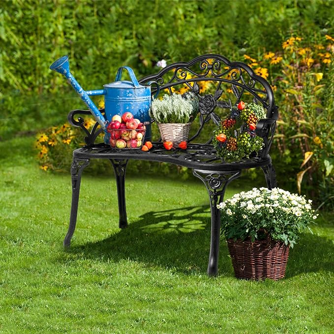 VINGLI 38.5" Patio Park Garden Outdoor Metal Rose Bench, 2-Person Cast Iron Cast Aluminium Frame Antique Finish Chair,Accented Lawn Front Porch Path Yard Decor Deck Furniture (Black, Rose)