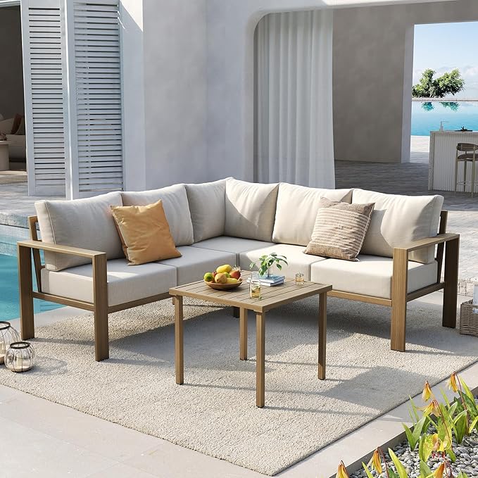 UDPATIO 6 Piece Patio Furniture Set, Faux Wood Metal Outdoor Sectional Sofa with 6" Thick Olefin Cushions, Wide Armrest & Coffee Table, L Shaped Outdoor Furniture for Garden, Backyard Beige