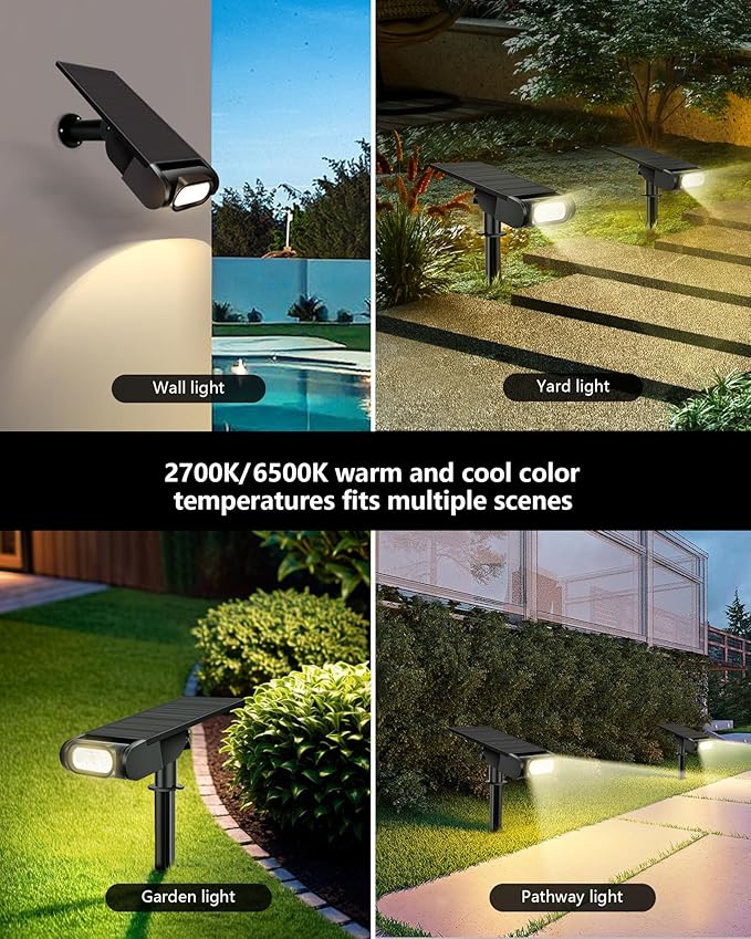 RGB Christmas Solar Spot Lights Outdoor, 12 RGB Color Modes Landscape Light Waterproof IP67 with Remote Control, 2-in-1 Color Changing RGB/Cool/Warm White for Yard Garden Christmas 4 Pack
