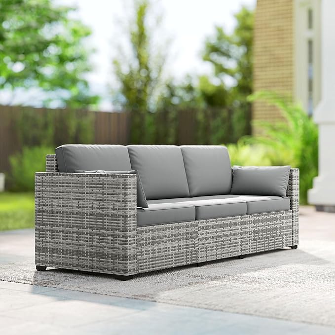 Outsunny Patio Couch PE Wicker Deep Seating Outdoor Sofa with Removable Cushions, 3 Seater Rattan Sofa, Outdoor Furniture for Balcony, Deck, Garden and Poolside, Gray