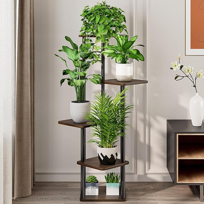 5 Tier Wood Tall Plant Stand Metal Rack Indoor, Multiple Flower Pot Holder Shelves Corner Rack, Planter Shelf Display Rack Storage Organizer for Patio Living Room Balcony Garden(Black Oak)