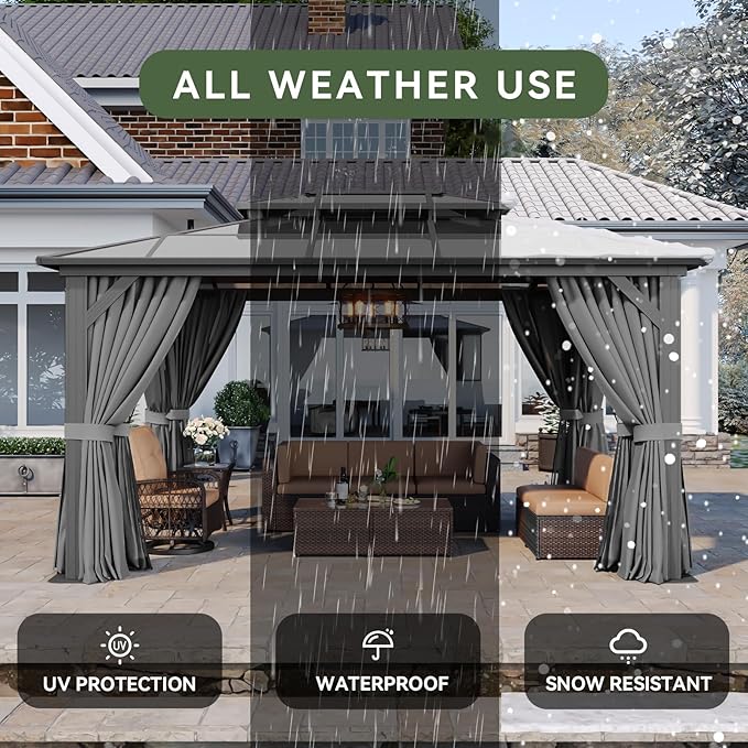 Aoxun 10'x14' Hardtop Gazebo, Aluminum Frame Permanent Pavilion with Curtains and Netting, Outdoor Polycarbonate Double Roof Canopy, Gray