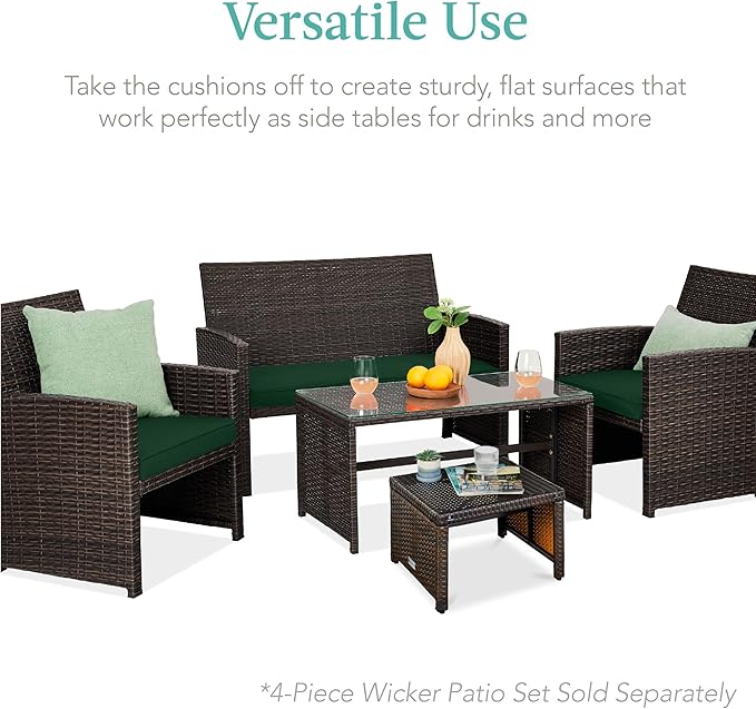 Best Choice Products Set of 2 Wicker Ottomans, Multipurpose Outdoor Furniture for Patio, Backyard, Additional Seating, Footrest, Side Table w/Removable Cushions, Steel Frame - Midnight Green/Brown