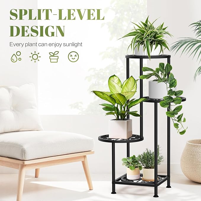4 Tier Plant Stand Outdoor Indoor, Metal Flower Shelf Display Holder, Multiple Plants Corner Tall Flower Holders for Patio Balcony Porch Garden Living Room (Black)
