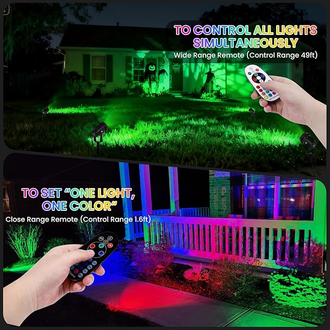 Halloween Christmas Spotlights Outdoor: RGBW Spot lights Plug in 120V Remote Control 16 Color Changing Waterproof LED Landscape Spotlights for Yard Garden Lawn Holiday Décor, 6 Pack (RGB + Warm Light)