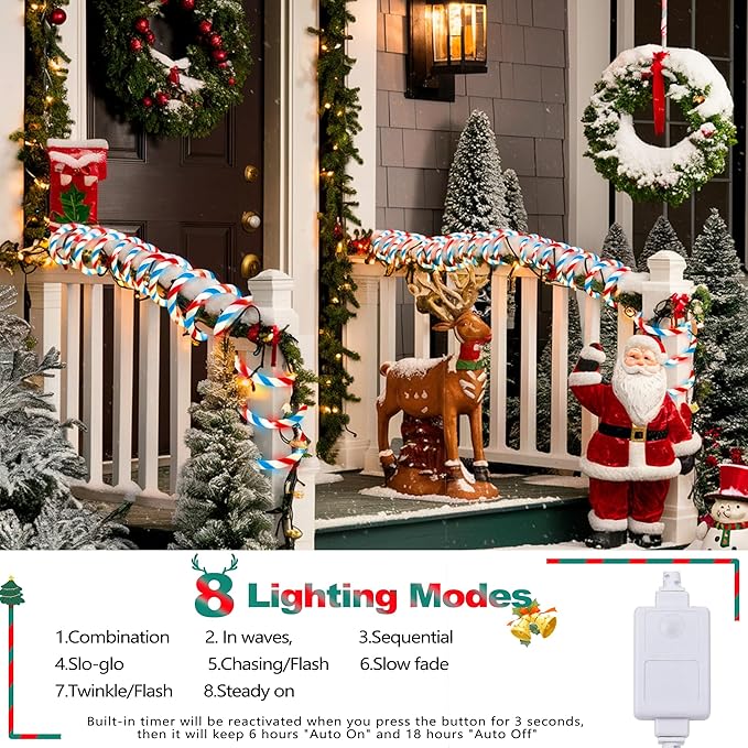 Jnaurb Christmas Candy Cane Lights, 66ft 480 LED Connectable White & Red & Blue Candy Cane Rope Lights for Outside, 8 Modes Waterproof LED Christmas Light for Garden Patio Tree Holiday Party Decor