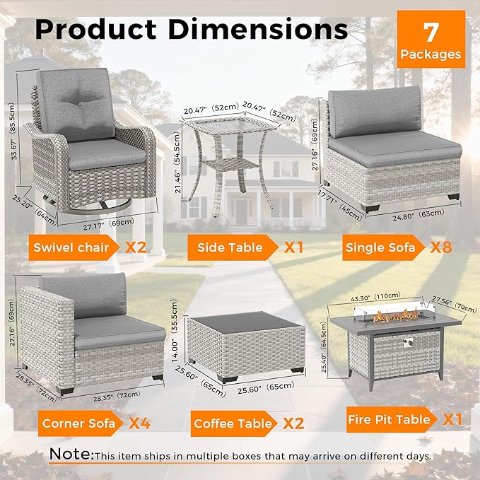 14-Seat Outdoor Wicker Patio Furniture Set with Fire Pit Table, Modular Rattan Sectional Sofa & 2 Swivel Rocking Chairs, 4" Thick Cushions, Rust-Resistant Frame,Gray