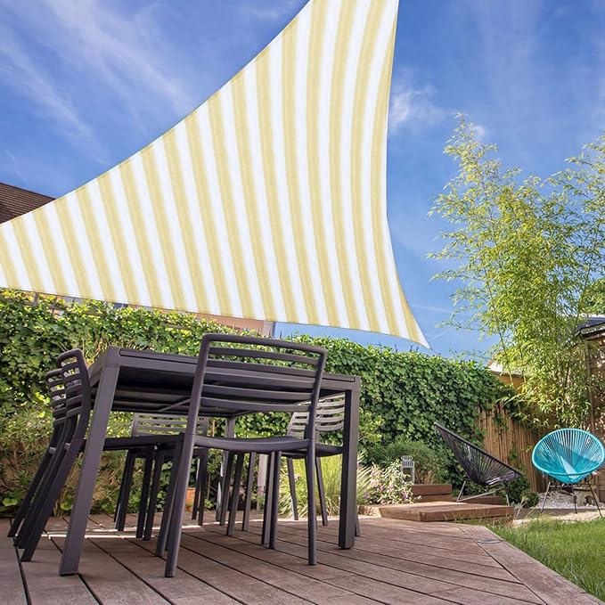 E&K Sunrise 11' x 11' x 11' Sun Shade Sail Triangle Canopy Shade Cover UV Block for Patio Backyard Garden Outdoor (Beige White Strip)