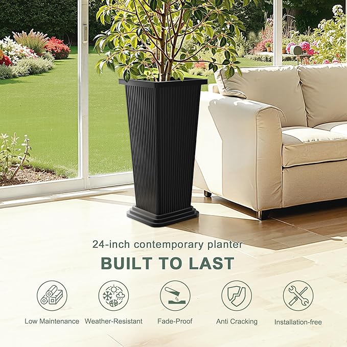Tall Black Planters Outdoor Set of 2, Large Outdoor Tall Planters Pots with Tray, Modern Tapered Flower Planter for Front Porch, Patio, Garden (24", Ribbed)