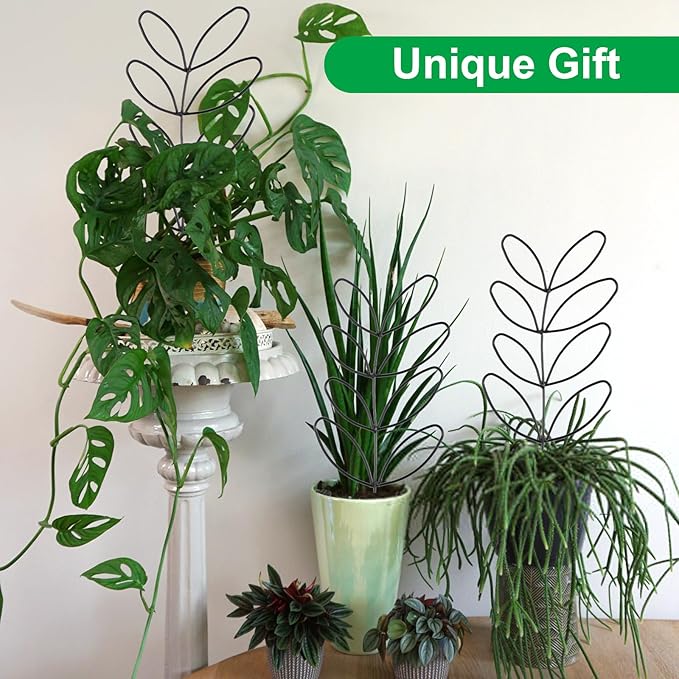 2 Pcs Plant Trellis Indoor, Plant Support for Climbing, 12 Inch Small Plant Stakes for Indoor Plants, Trellis for Climbing Plants Garden Potted (Leaf Shape Black)