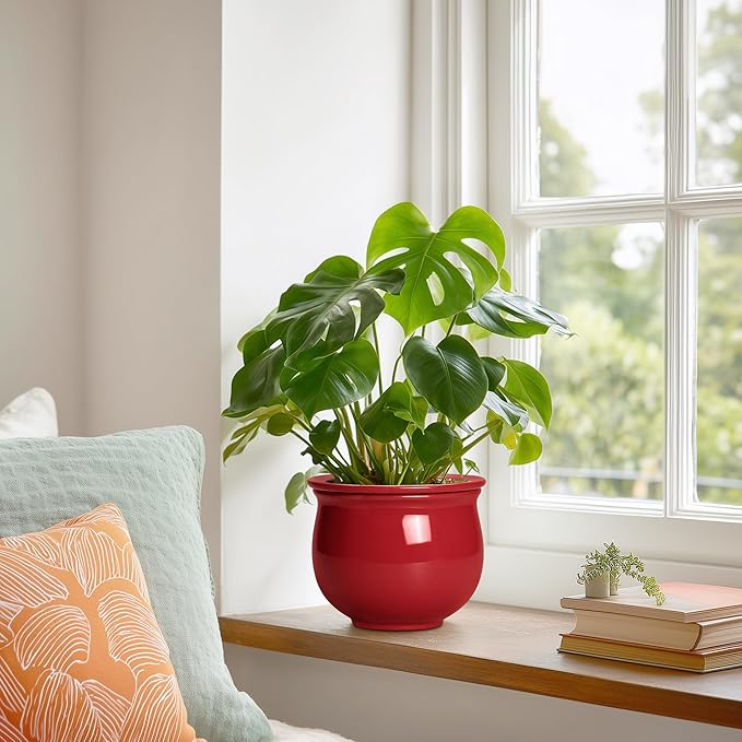 Ceramic Self Watering Planter, 6 Inch African Violet Pots with Absorbent Inner Pot, Round Self Watering Pots, Ceramic Flower Pot for Plants Indoor, Porch Decor, Plant Lover Gifts for Men, Red