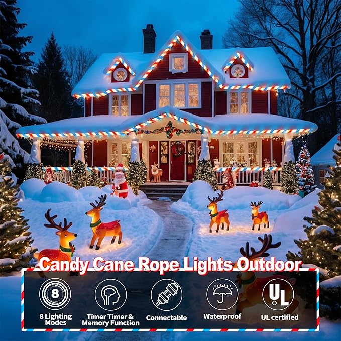Jnaurb Christmas Candy Cane Lights, 66ft 480 LED Connectable White & Red & Blue Candy Cane Rope Lights for Outside, 8 Modes Waterproof LED Christmas Light for Garden Patio Tree Holiday Party Decor