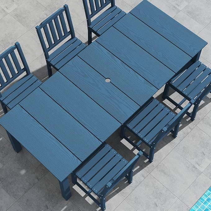 9-Piece Outdoor Dining Set for 8, 75.2'' HDPE Table with Umbrella Hole & Chairs, Weather-Resistant Patio Furniture for Lawn, Yard, Balcony, Deck Navy Blue