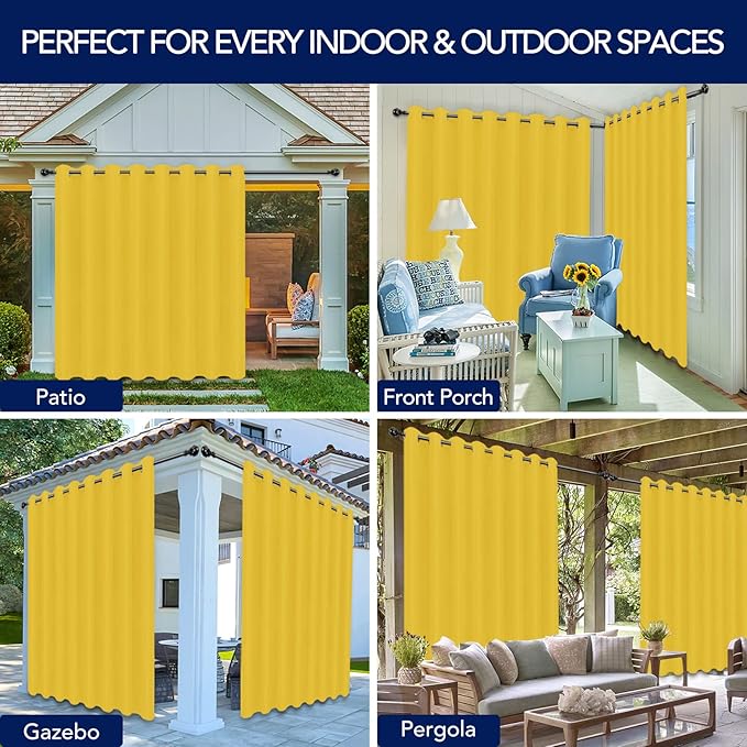 PureFit Outdoor Curtains for Patio Waterproof Weatherproof, UV Resistant Outside Curtains for Gazebo, Front Porch, Pergola, Sun Blocking Privacy Curtain, 120W x 108L inch, 1 Panel, Yellow