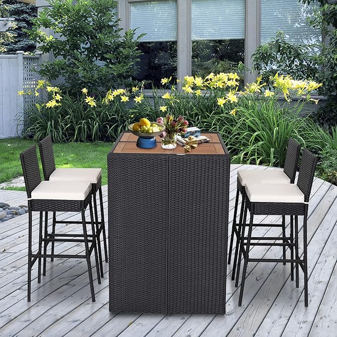 Tangkula 5 Piece Patio Wicker Bar Set, Patiojoy Outdoor Acacia Wood Bar Height Table & 4 Rattan Bar Stool Chairs with Backrest and Footrest, Outdoor Dining Bistro Set