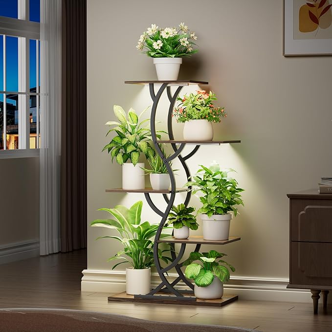 Plant Stand Indoor with Grow Lights - 44" Tall Corner Plant Stands for Indoor Plants, 5 Tiered Metal Plant Shelf, Curved Plant Flower Holder Dispaly Rack for Living Room, Home Patio Balcony (Black)