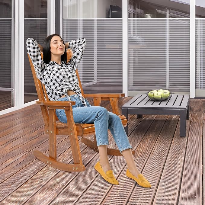 VINGLI Heavy Duty 600 LBS Outdoor Wooden Rocking Chair with Higher Backrest,Patio Rocking Chair with Ergonomic Design, Weatherproof Outdoor Rockers Suit for Patio, Garden, Balcony, Yard