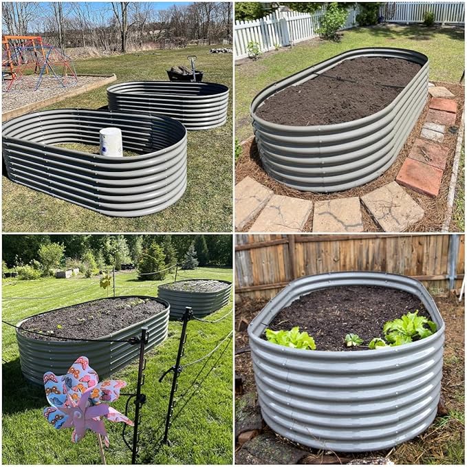 A ANLEOLIFE 2-Set 8X4X2 ft Galvanized Raised Garden Bed Kit, Oval Metal Deep Root Planters for Outdoor Plants, Quartz Grey