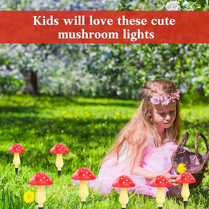 Mushroom Solar Lights Outdoor Waterproof, Whimsical and Cute Solar Mushrooms Stake Lights for Outside with 8 Lights and 8 Modes for Fariy Garden Yard Lawn Path Planter Flower Bed Decor (Red)