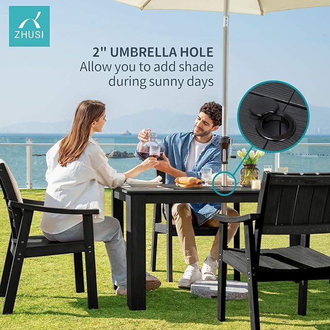 ZHUSI Patio Table and Chairs Set, Outdoor Table and Chairs,HDPE Outdoor Dining Set with Umbrella Hole for Backyard, Poolside, Porch (Black, 5 PCS)