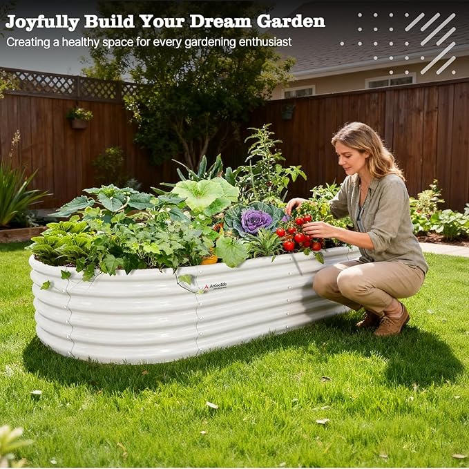 A ANLEOLIFE 8X4X1.5 ft Galvanized Raised Garden Beds Outdoor, Oval Large Metal Planter Box for Planting Vegetables Flowers Herb, Anti-Rust & Easy-Setup, Antique White
