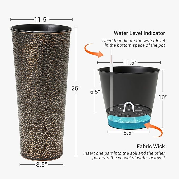 Worth 2 Pack 25" Tall Narrow Metal Planter with Inside Pot for Indoors or Outdoors, Deck, Patio or Front Porch, Hand-Hammered Texture, Bronze