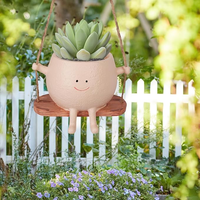 AFFLAT Smiley Face Flower Pot,Swinging Hanging Planter,Resin Smiley Face Hanging Pot,Cute Swinging Planter with Unique Design,Suitable for Indoor & Outdoor Decoration,an Ideal Gift for Festivals