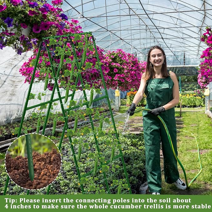 2 Packs Cucumber Trellis for Raised Beds, 31 X 47 Inch Adjustable Size A-Frame Garden Trellis for Climbing Plant Outdoors with Climbing Net and Plant Support Clip for Vegetable Grape Garden Supplies